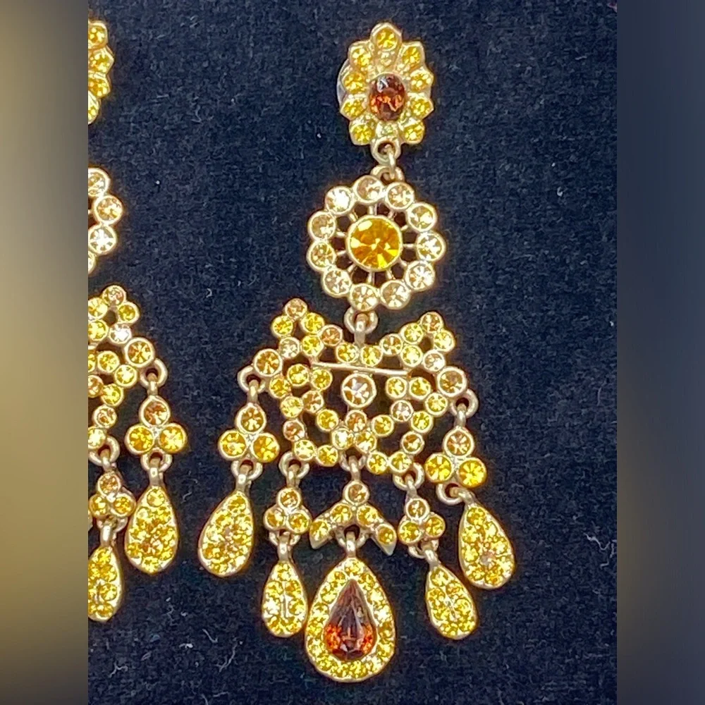 Chandelier Rhinestone Earrings Pierced Honey Topaz Color